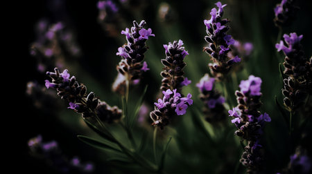 Lavender flowers on a black background. Selective focus. Toned.の素材