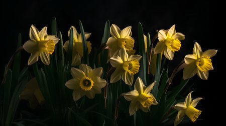 Yellow daffodils on a dark background. Spring flowers.の素材