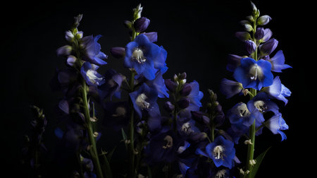 Beautiful blue delphinium flowers on a black background.の素材