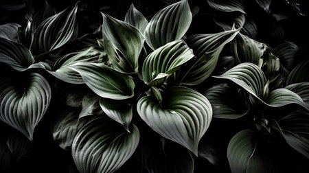 Close up of green hosta leaves, black and white tone.の素材