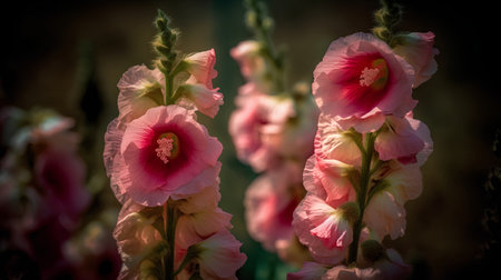 Pink hollyhock flowers in the garden. Selective focus.の素材