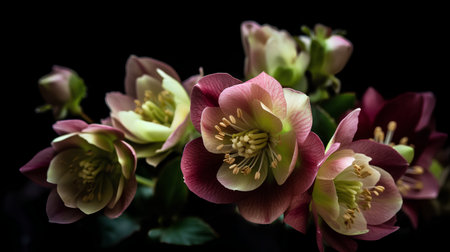 Beautiful hellebore flowers on black background, macro shotの素材