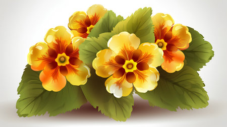 Vector illustration of yellow and orange pansy flowers with green leaves.の素材