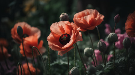 Beautiful red poppies in the garden. Soft focus.の素材