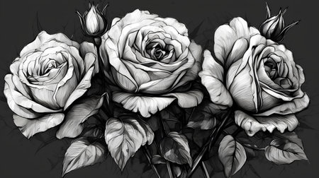 Black and white rose bouquet on dark background. Vector illustration.の素材
