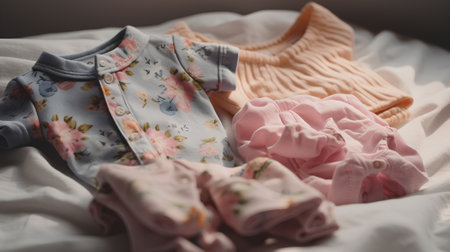 Baby clothes on the bed. Selective focus. Toned.の素材