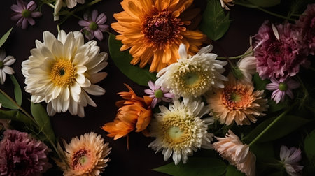 Beautiful bouquet of different flowers on a dark background, top viewの素材