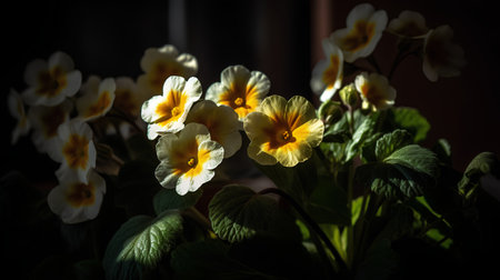 Yellow primroses in a vase on a dark background.の素材