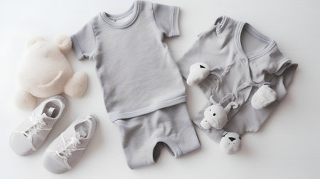 Baby clothes and accessories on white background. Flat lay, top viewの素材