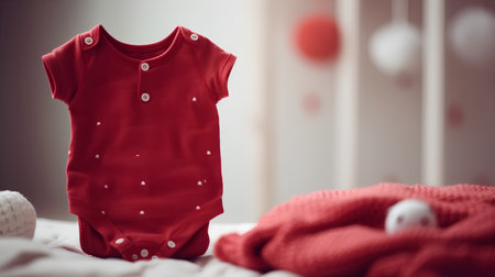 Newborn clothes on the bed at home. Selective focus.の素材
