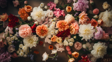 Flowers composition. Flat lay, top view floral background with flowers.の素材