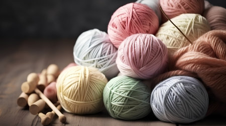 Balls of yarn for knitting and knitting needles on a wooden backgroundの素材