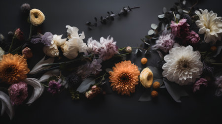 Beautiful autumn flowers on black background. Flat lay, top viewの素材