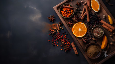 Spices and herbs on dark background. Top view with copy spaceの素材