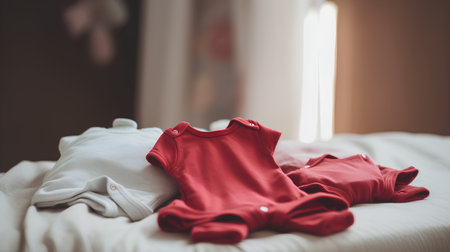 Baby clothes on the bed in the bedroom. Selective focus.の素材