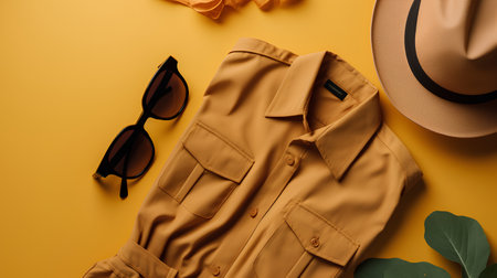 Stylish summer clothes and accessories on yellow background. Flat lay, top viewの素材