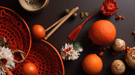 Easter composition on a dark background. Decorative Easter eggs, mandarin, flowers, pumpkins.の素材