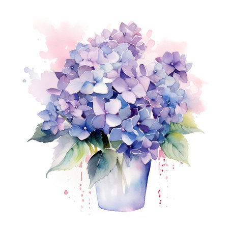 Bouquet of blue hydrangea flowers. Watercolor illustrationの素材