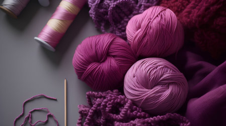 Pink and purple yarn balls, knitting needles and crochet hooks on grey backgroundの素材