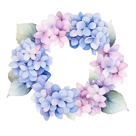 Watercolor blue and pink hydrangea wreath isolated on white backgroundの素材