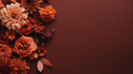 Flowers composition. Dahlias, roses and leaves on brown background. Flat lay, top view, copy spaceの素材