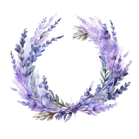 Watercolor lavender wreath. Hand painted illustration isolated on white backgroundの素材