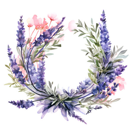 Watercolor lavender floral wreath. Hand painted illustration isolated on white backgroundの素材