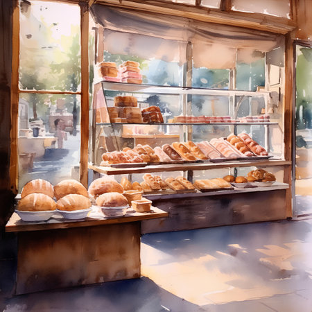 Bakery shop window in Paris, France. Watercolor painting.の素材