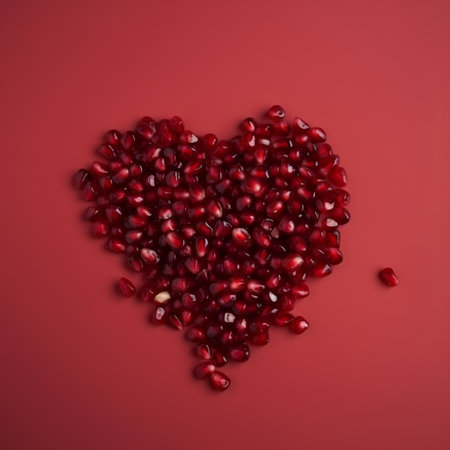 Pomegranate seeds in the shape of a heart on a red backgroundの素材