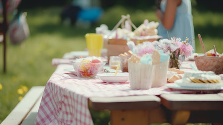 Easter table with sweets and pastries in the garden. Selective focus.の素材
