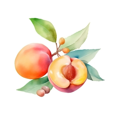 Peach branch with fruits and leaves. Hand drawn watercolor illustrationの素材