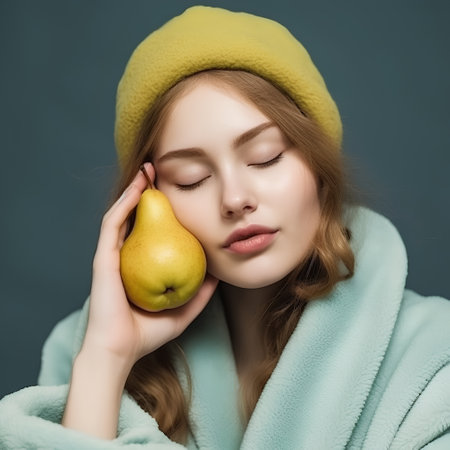 Portrait of a beautiful girl in a warm hat and a blue coat with a pear in her handsの素材