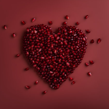 Heart made of pomegranate seeds on a red background.の素材