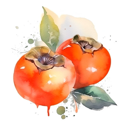 Watercolor illustration of persimmon with leaves and watercolor splashesの素材