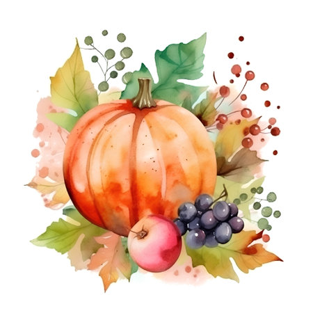 Watercolor autumn composition with pumpkins, berries and leaves. Hand drawn illustrationの素材