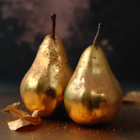 golden pears on a dark background, close-up, selective focusの素材