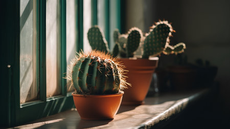 Cactuses in pots on the windowsill. Selective focus.の素材