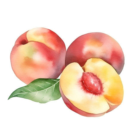 Watercolor peach fruit isolated on white background. Hand drawn illustration.の素材