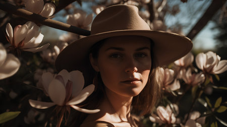 Portrait of a beautiful young woman in a hat among magnolia flowers.の素材