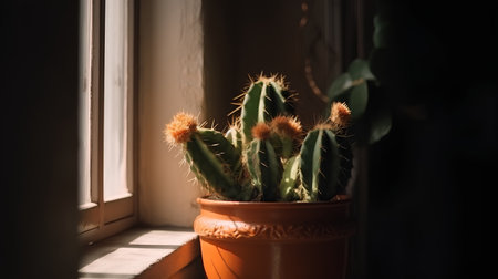 Cactus in a pot on the windowsill, lit by sunlightの素材