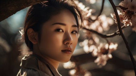 Portrait of a beautiful asian woman in blooming tree.の素材