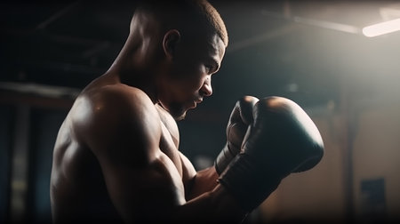 Portrait of a young boxer training in the gym. Dark backgroundの素材