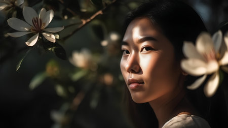Portrait of beautiful asian woman with magnolia flowers in the gardenの素材