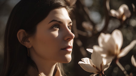 Portrait of a young beautiful woman with magnolia flowers in the parkの素材