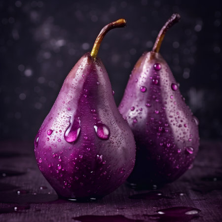 Ripe purple pears with water drops on a dark background.の素材