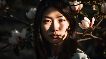 Portrait of a beautiful asian woman with magnolia flowers.の素材