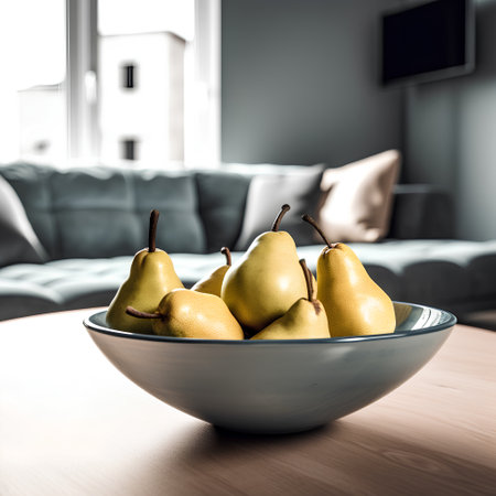 Bowl of pears on a wooden table in the living roomの素材
