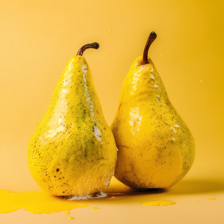 Pair of ripe yellow pears with drops of water on yellow backgroundの素材