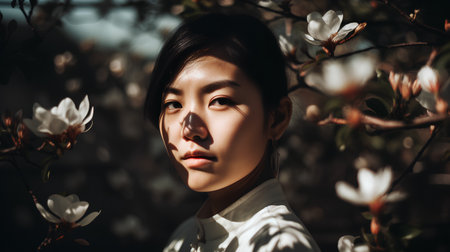 Beautiful asian woman with magnolia flowers in the garden.の素材