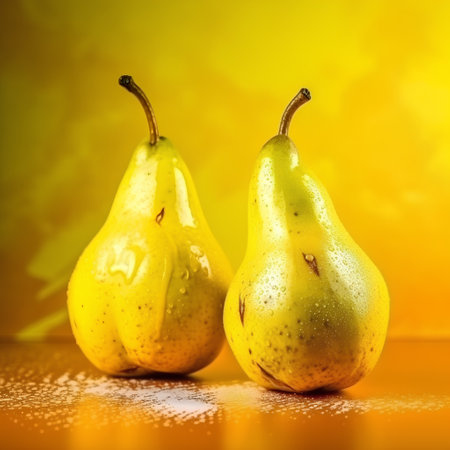 fresh pears on a yellow background with water drops, closeupの素材